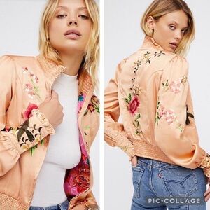 Free People “Just Peachy” Floral Embroidered Satin Bomber Jacket - Peach